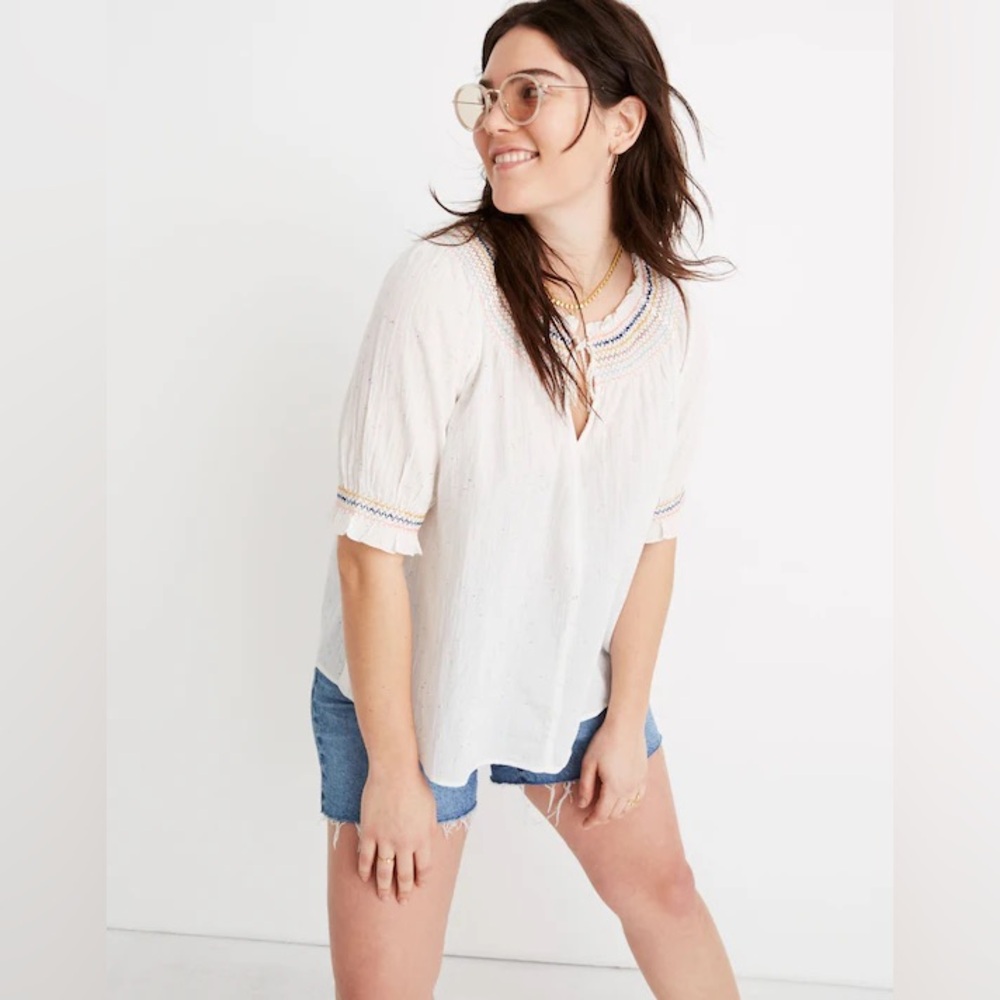 Madewell Smocked Embroidered‎ Yoke Puff Sleeve Peasant Top White Speckled Cotton